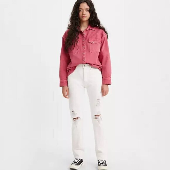 Levis 501 Original Non Stretch High Rise Button Fly Jeans in Destructed White 30 - Picture 5 of 5